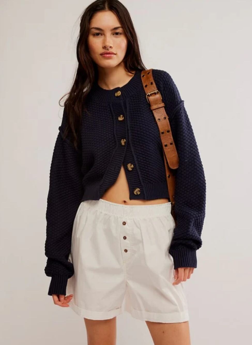 Free People Lila Cardigan Sweater Women S Dark Navy Chunky Waffle Knit Cropped